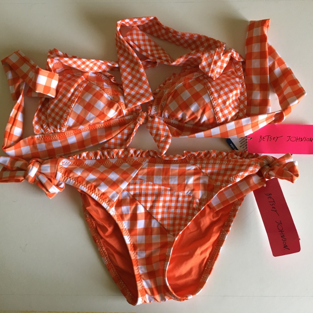 Betsey Johnson,  Atomic Hottie Bikini Swimsuit, Orange & White Gingham, Medium